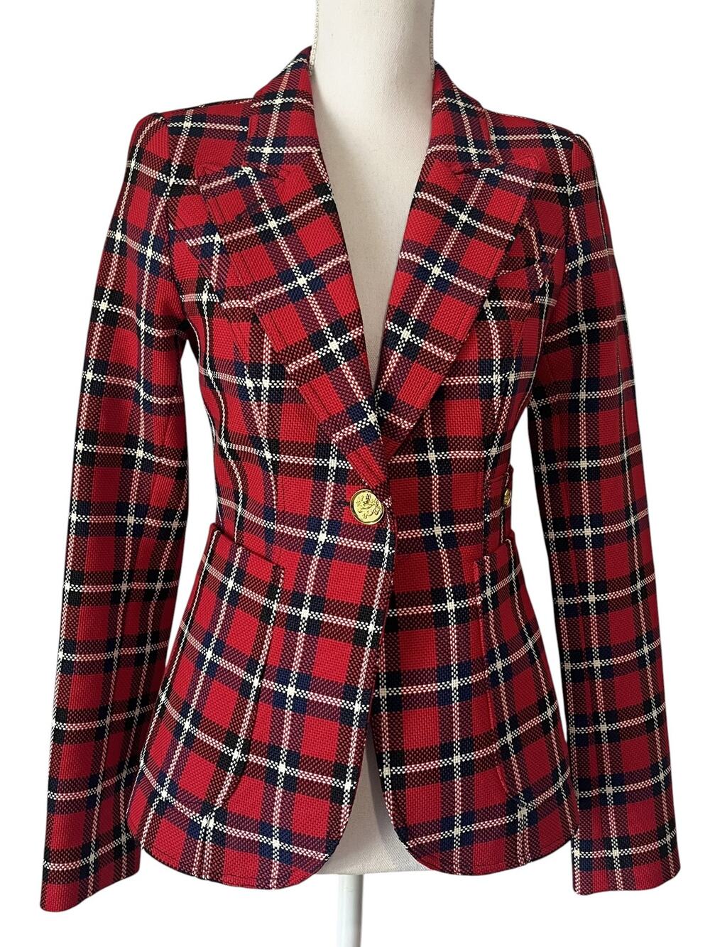 Smythe Patch Pocket Duchess Blazer Red Plaid Gold Button Jacket Size 4